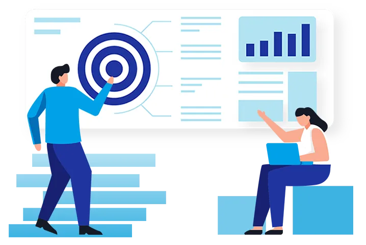 Two individuals discussing payment solutions at a whiteboard.