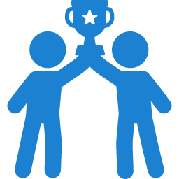 Two people holding up a trophy, celebrating SMS Donations.